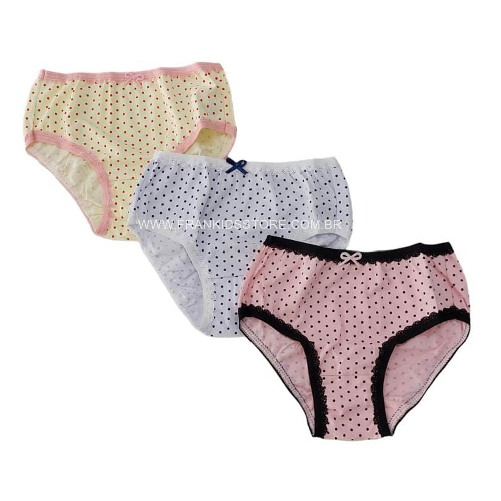 Kit C/3 Calcinhas Infantil Estampa Poá Sortida - Tampinha