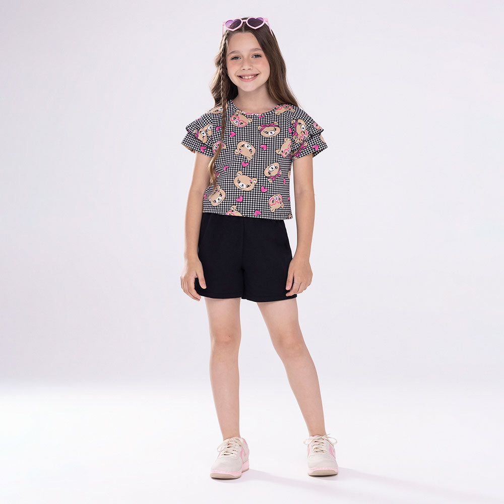Conjunto Infantil Menina Blusa Ursos e Short - Alakazoo