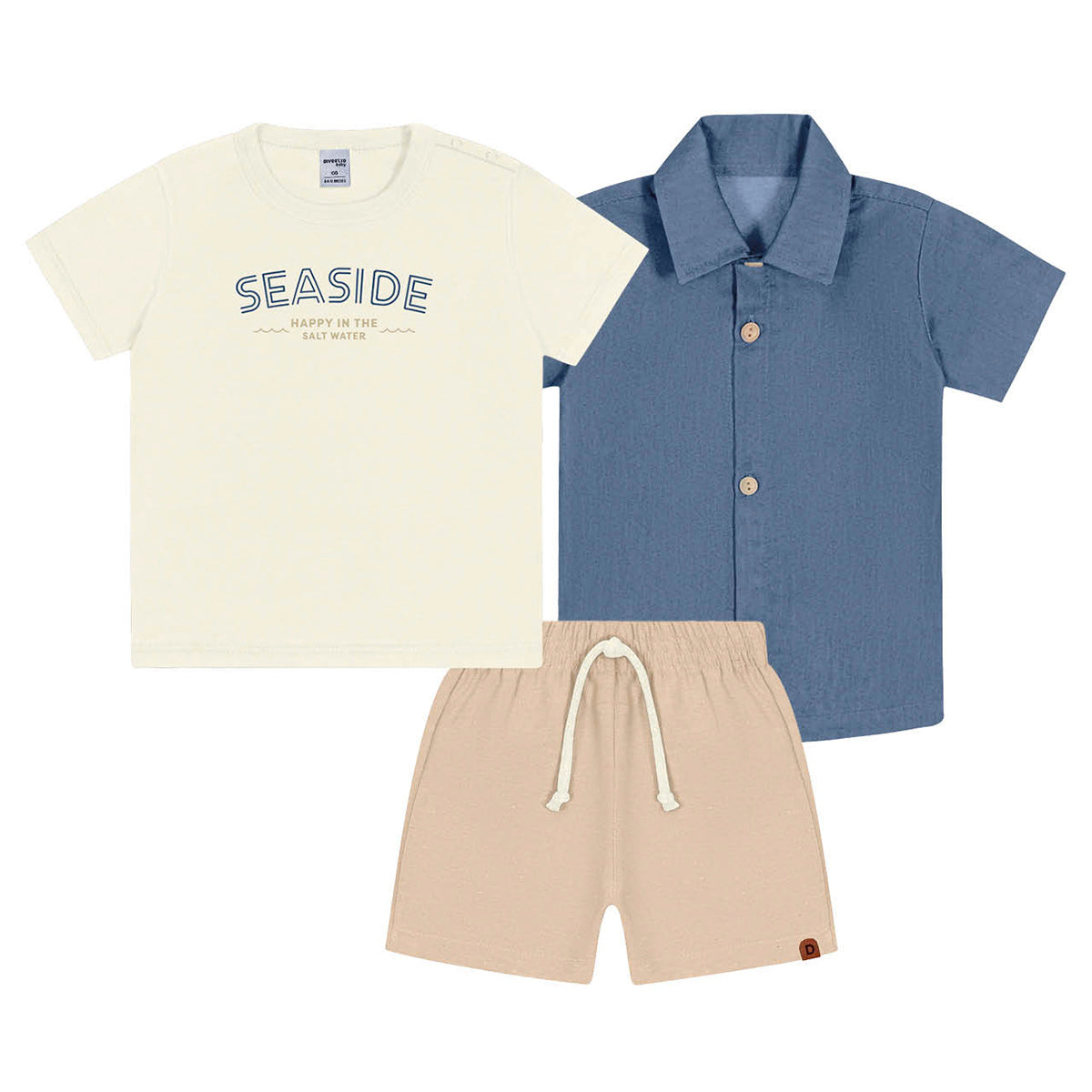 Conjunto Menino Camiseta, Bermuda e Camisa Azul Jeans - Divertto