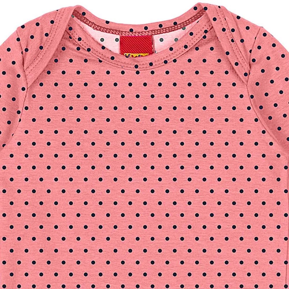 Body Manga Longa Bebê Menina em Cotton Rosa Poá - Kyly