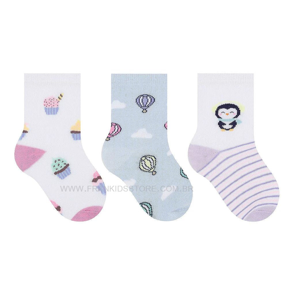 Kit 3 Pares Meia Cano Médio Bebê Menina Pinguim - Selene
