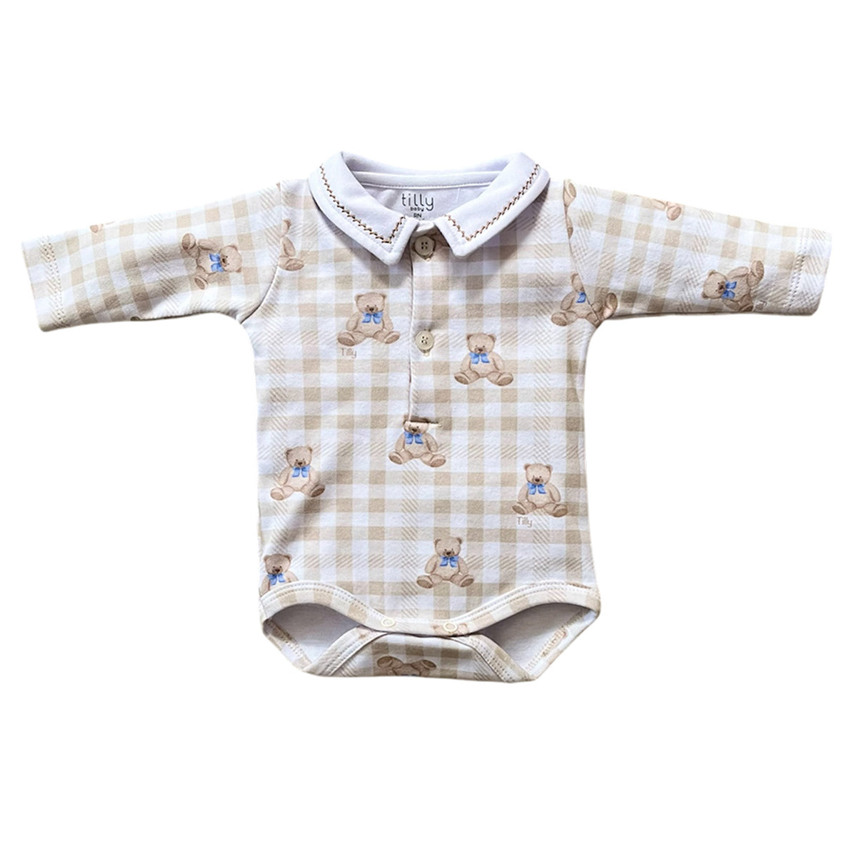 Body Manga Longa Bebê Menino Polo Urso Xadrez - Tilly Baby