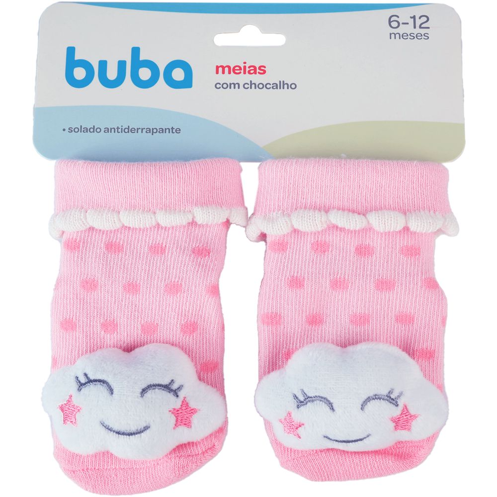 Meia Antiderrapante Bebê com Chocalho Rosa Nuvem - Buba
