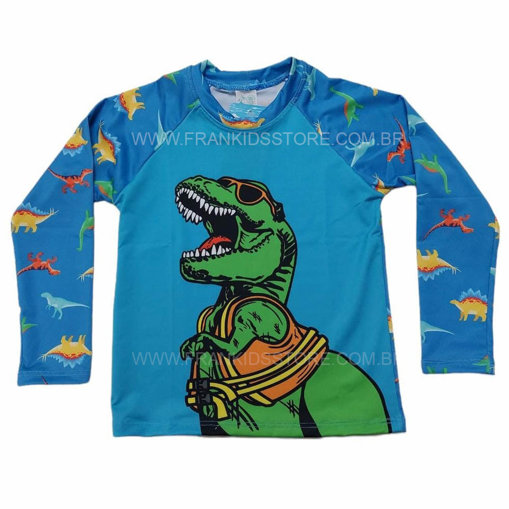 Camiseta Blusa Infantil C/ Proteção UV 50+ Dino Azul - Everly