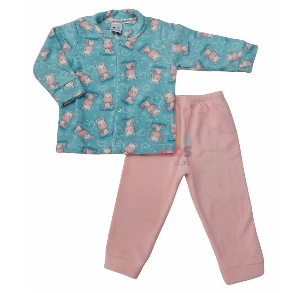 Pijama Soft Com Abertura Frontal Azul e Rosa Vaca - Rosebud