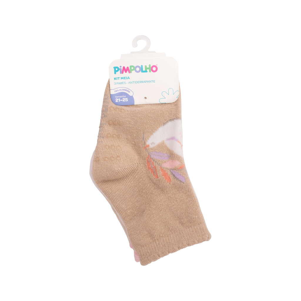 Kit 3 Pares Meia Antiderrapante Menina 21-25 Pomba - Pimpolho