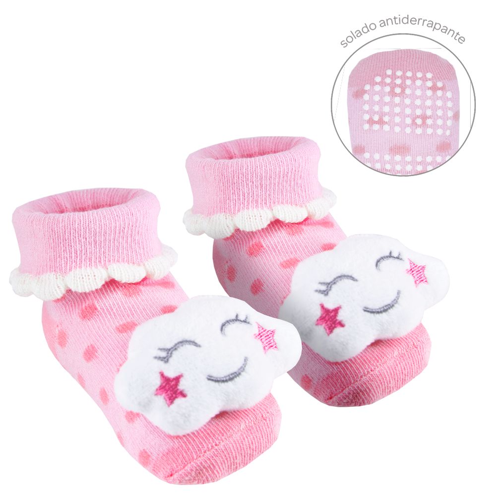 Meia Antiderrapante Bebê com Chocalho Rosa Nuvem - Buba