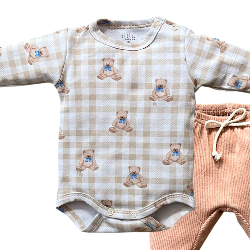 Conjunto Body Manga Longa e Calça Urso Xadrez - Tilly Baby