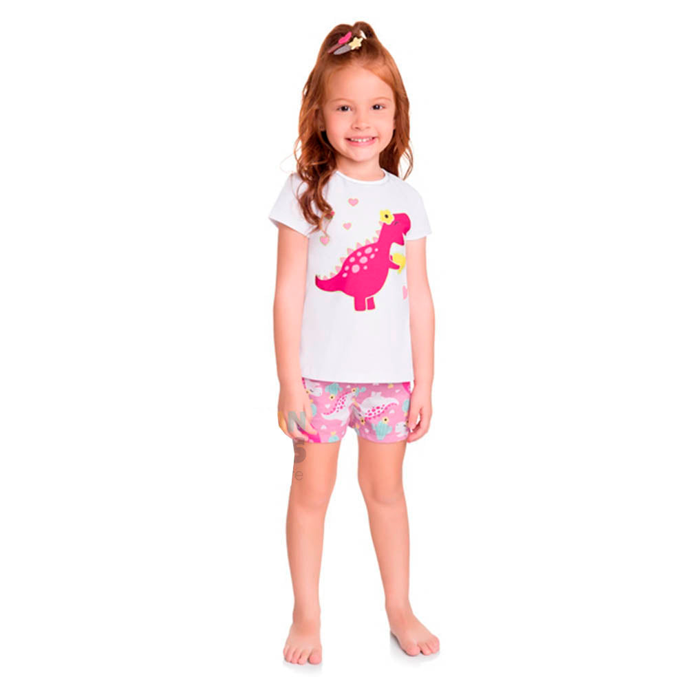 Pijama Infantil Menina Brilha no Escuro Branco Dino - Kyly
