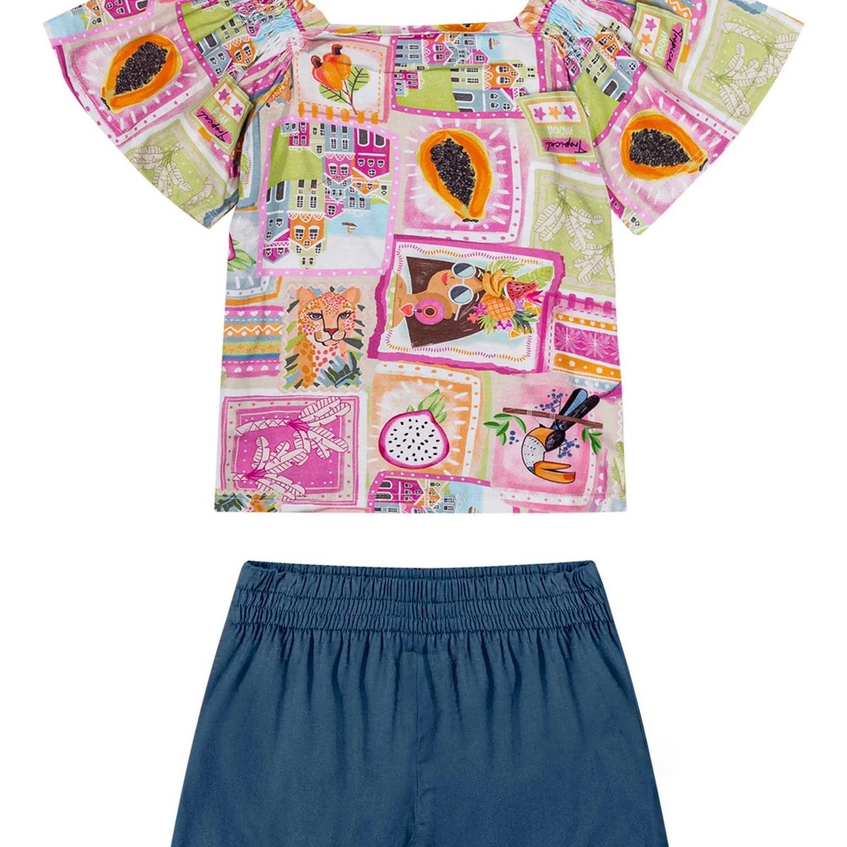 Conjunto Infantil Menina Blusa e Short Sarja Tropical - Elian