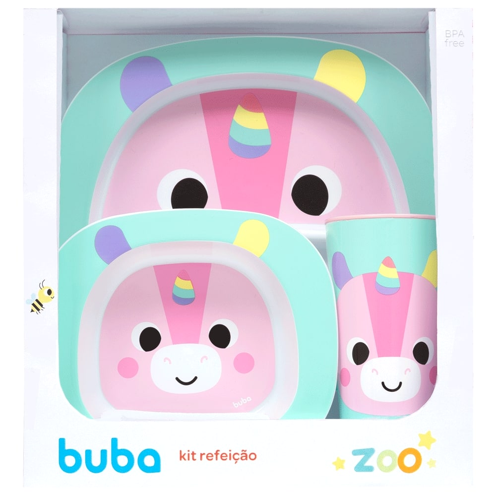 Kit Refeição Prato Raso, Bowl e Copo Buba Zoo Unicórnio - Buba