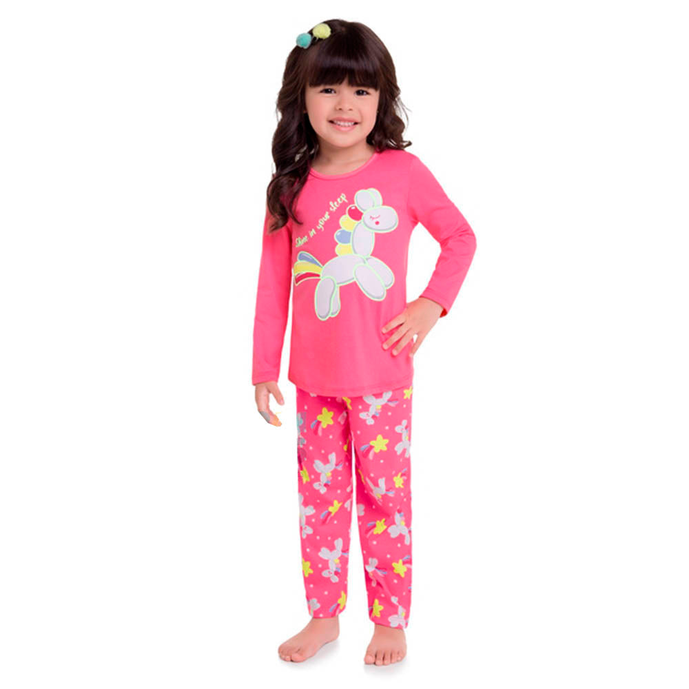 Pijama Infantil em Meia Malha Brilha no Escuro Rosa - Kyly