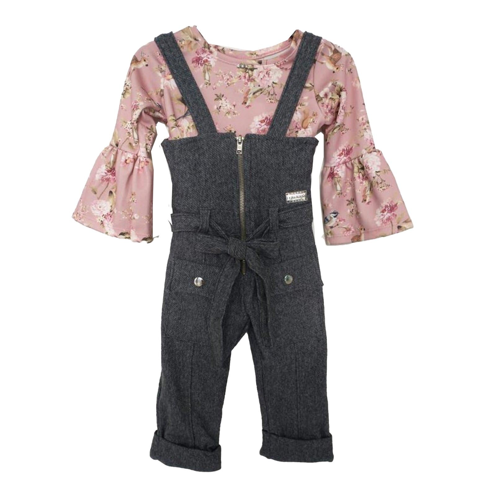 Jardineira em Malha Linho e Blusa em Jacquard Estampado - Kiki Xodó