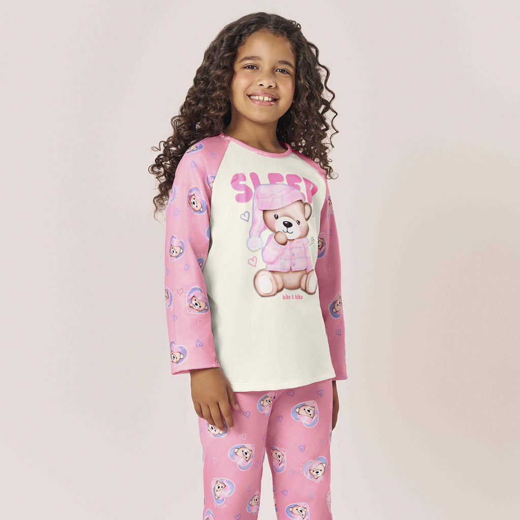 Pijama Infantil Menina em Malha Peluciada Urso - Kiko e Kika