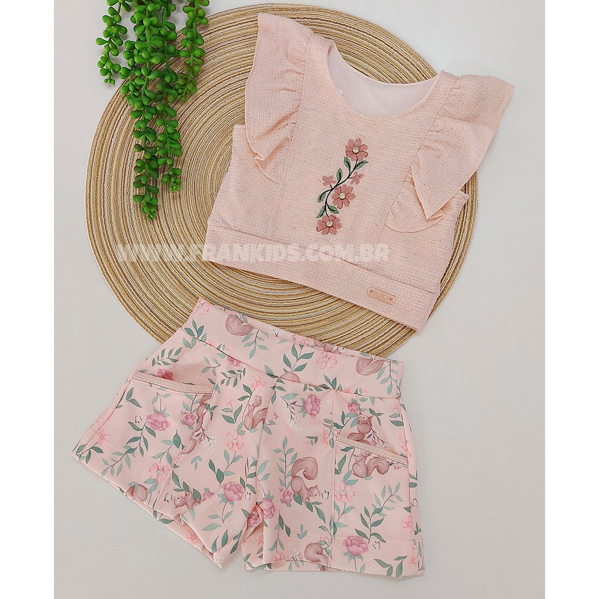 Conjunto Infantil Blusa e Short Jacquard Flores - Kiki Xodó
