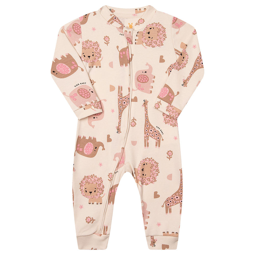 Macacão Bebê Menina Suedine Safári Flores Zíper - Kiko Baby