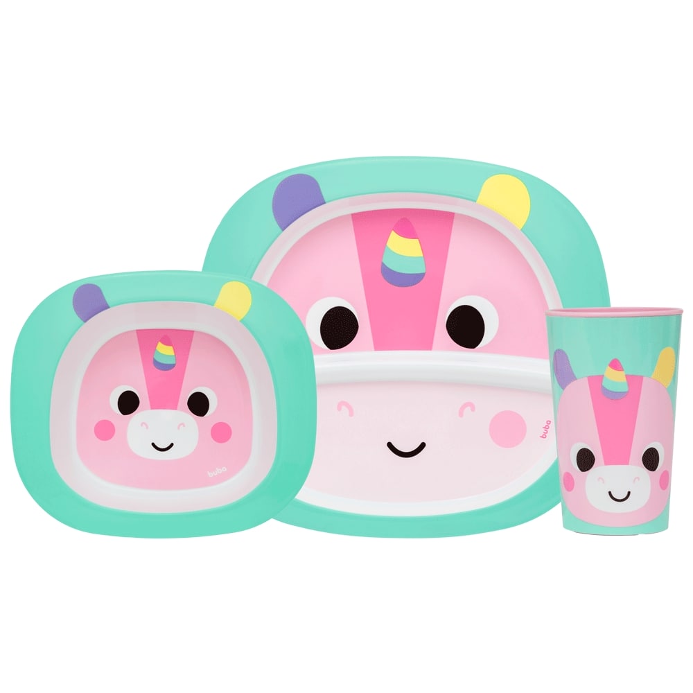 Kit Refeição Prato Raso, Bowl e Copo Buba Zoo Unicórnio - Buba