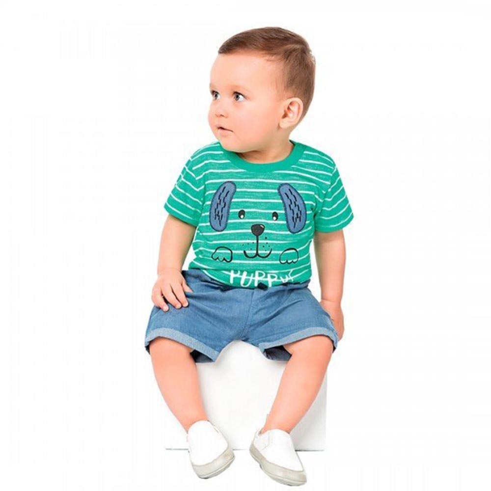 Conjunto Camiseta M. Malha Cachorrinho e Bermuda Verde - Kiko e kika