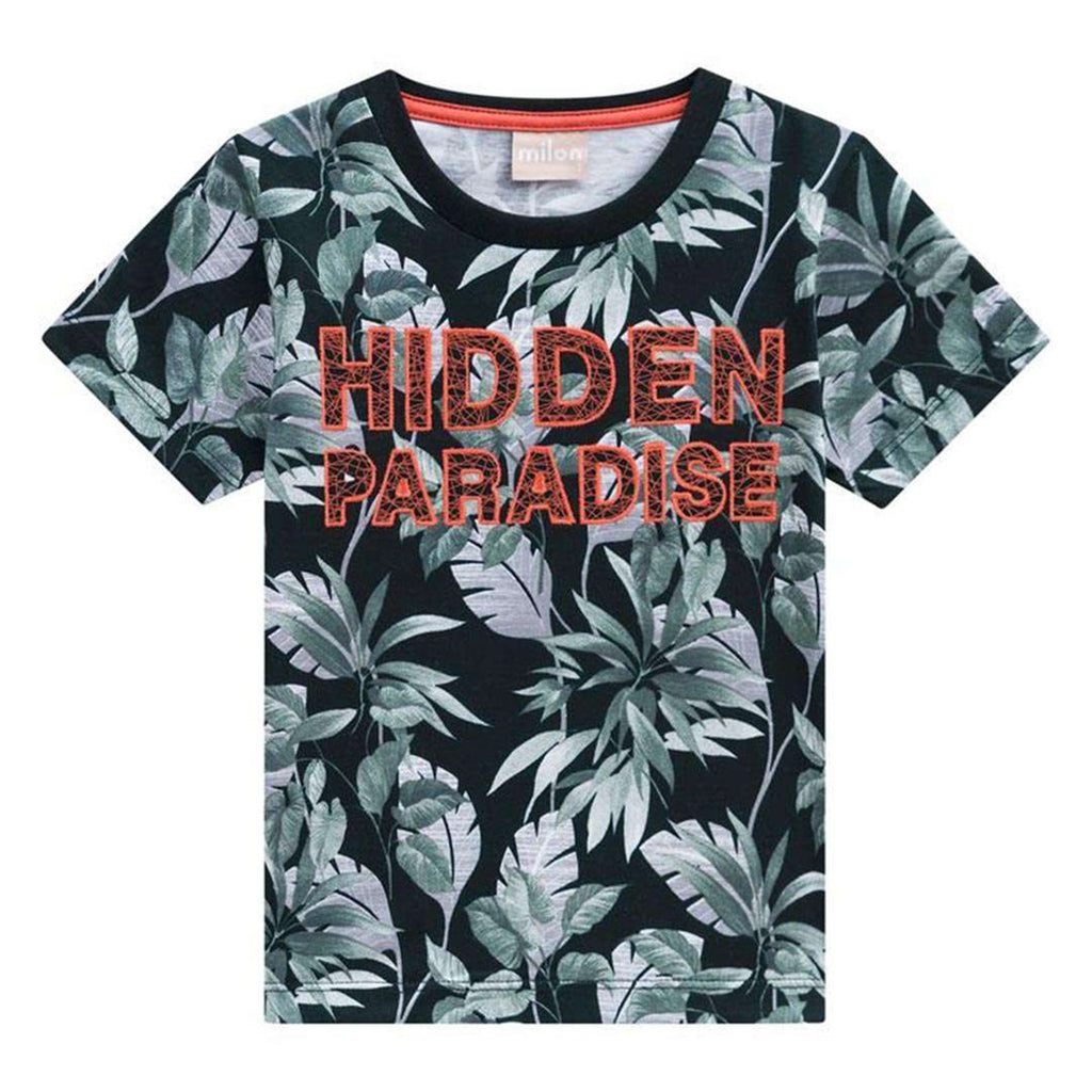 Camiseta Infantil Masculina Preta Folhagens - Milon