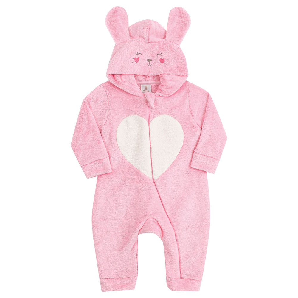 Macacão Bebê Menina em Fleece Com Capuz Coração - Kiko Baby