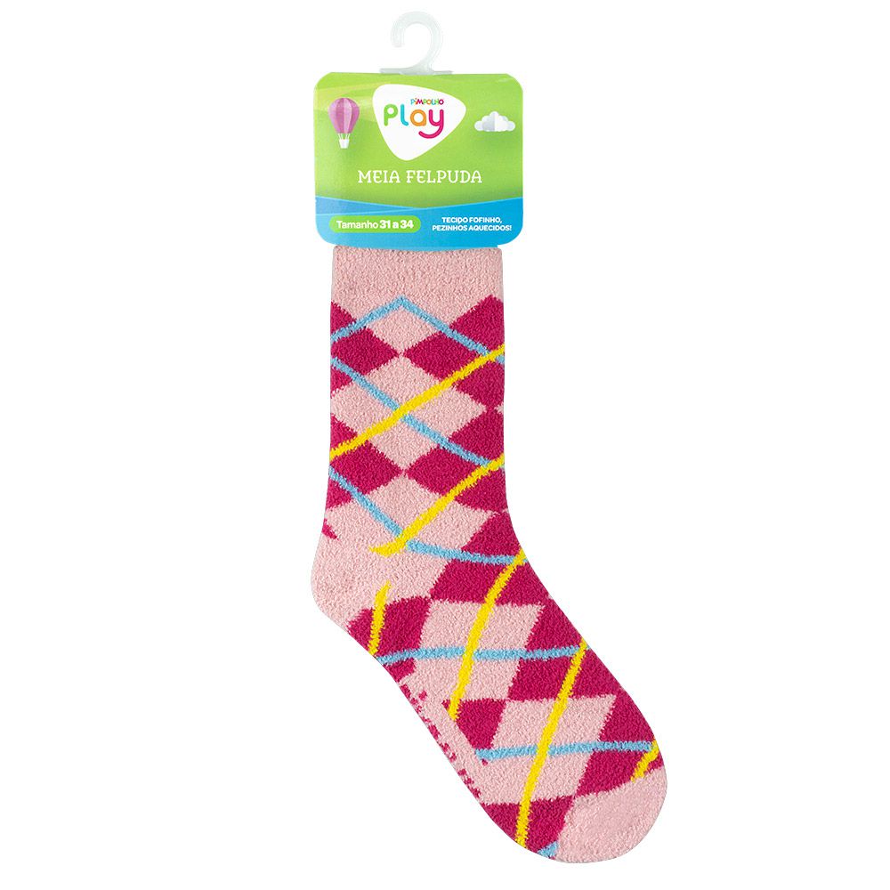 Meia Felpuda Infantil Menina 31-34 Rosa Xadrez - Pimpolho