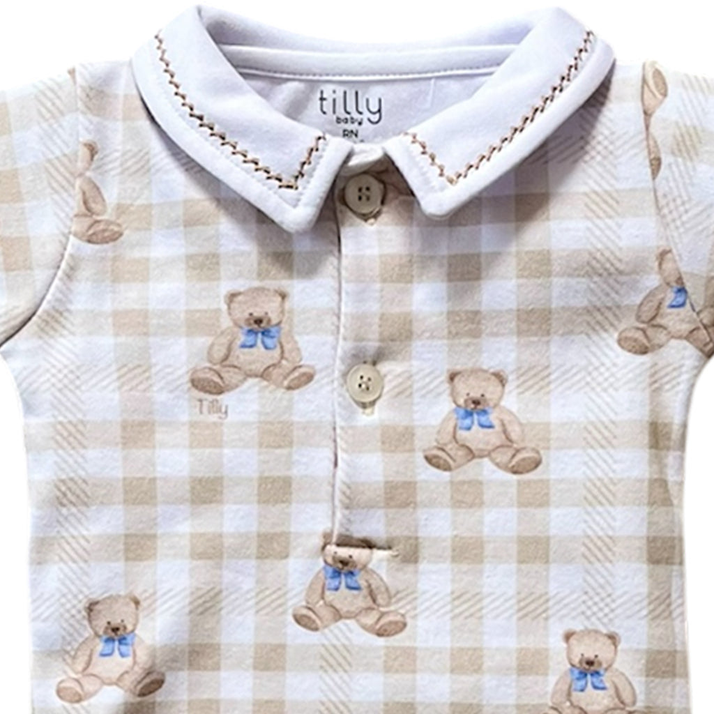 Body Manga Longa Bebê Menino Polo Urso Xadrez - Tilly Baby