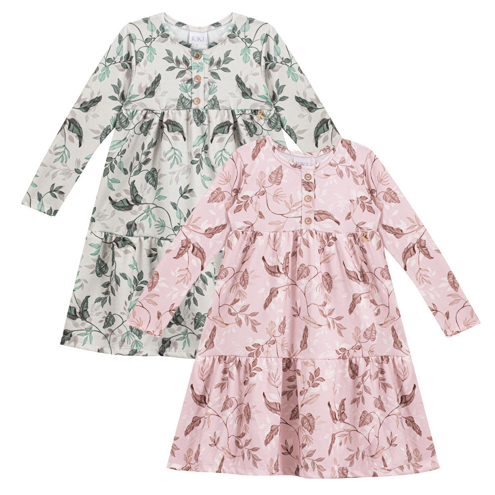 Vestido Infantil  Manga Longa Folhagens - Kiki Xodó