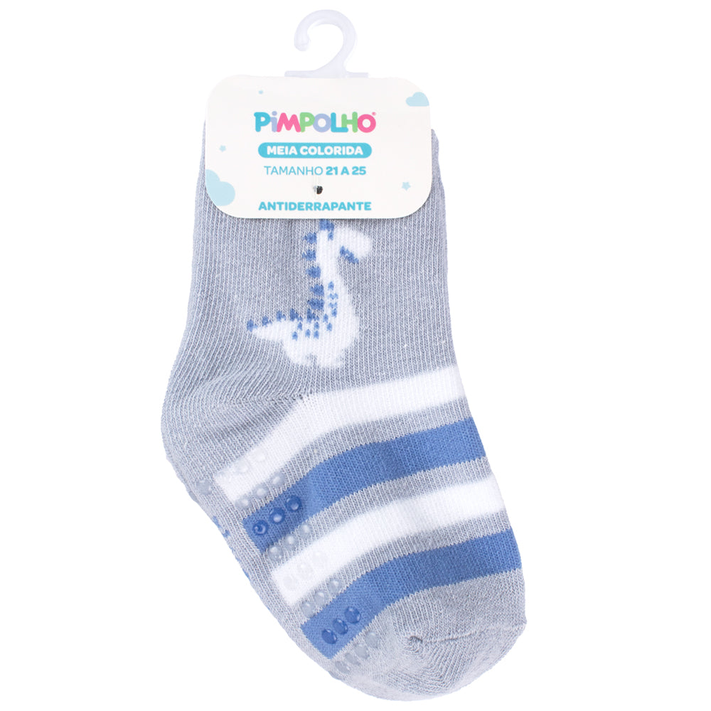 Meia Antiderrapante Bebê Menino 21-25 Cinza Dino - Pimpolho