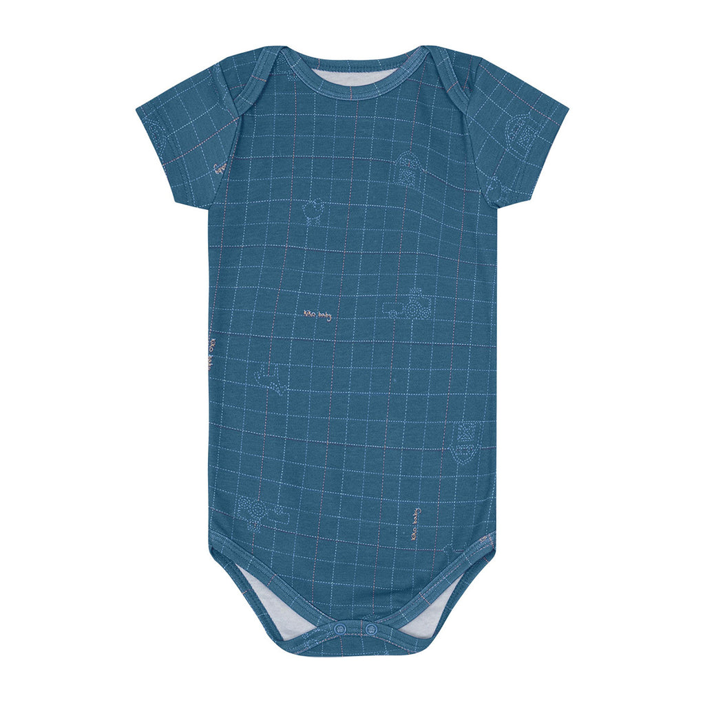 Body Manga Curta Bebê Menino Xadrez Fazendinha - Kiko Baby