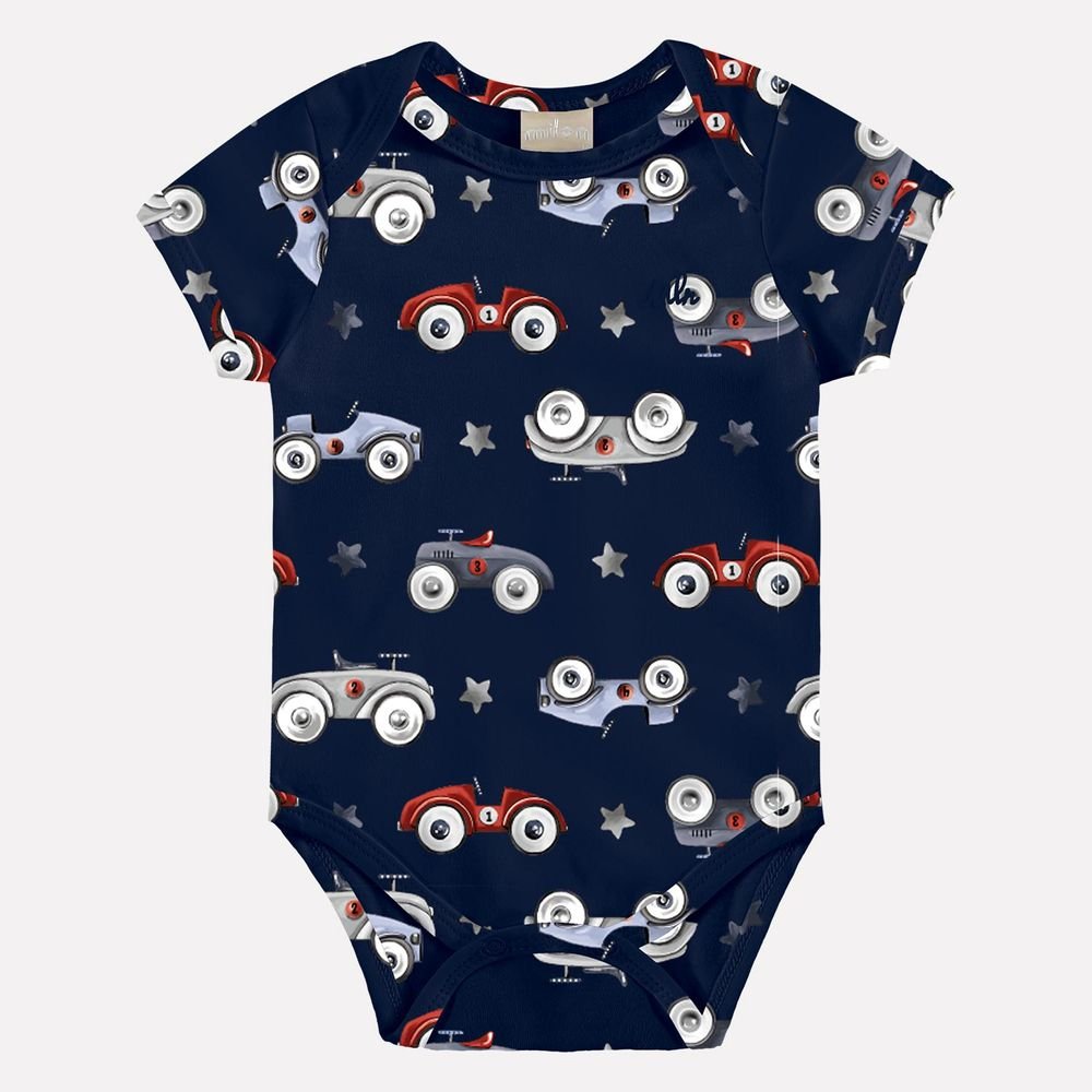 Body Manga Curta Bebê Menino Marinho Carros - Milon