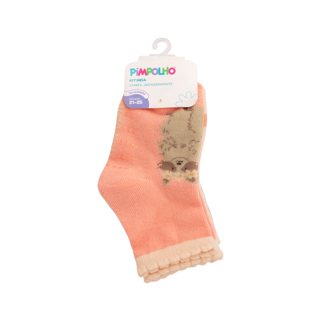 Kit 3 Pares Meia Antiderrapante Menina 21-25 Guaxinim - Pimpolho