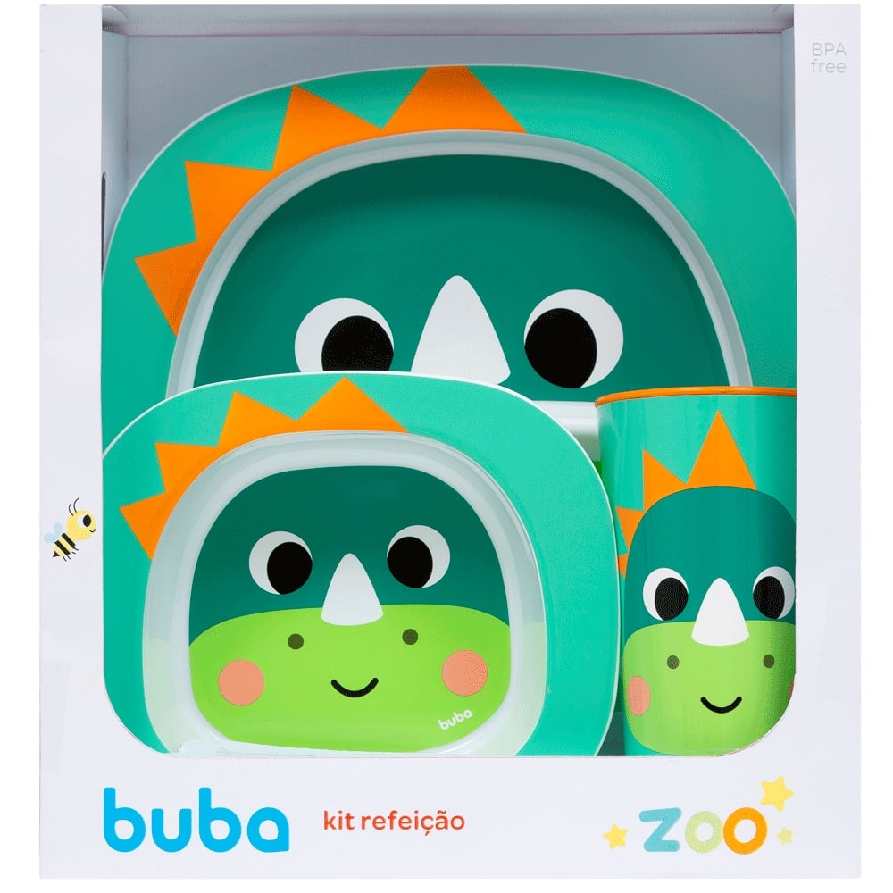 Kit Refeição Prato Raso, Bowl e Copo Buba Zoo Dino - Buba