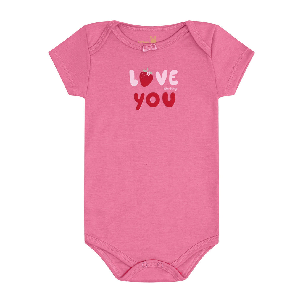 Body Manga Curta Bebê Menina Morango Love You - Kiko Baby