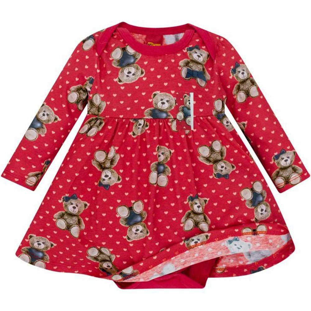 Vestido Bebê Manga Longa Ursinhos Vermelho - Kyly