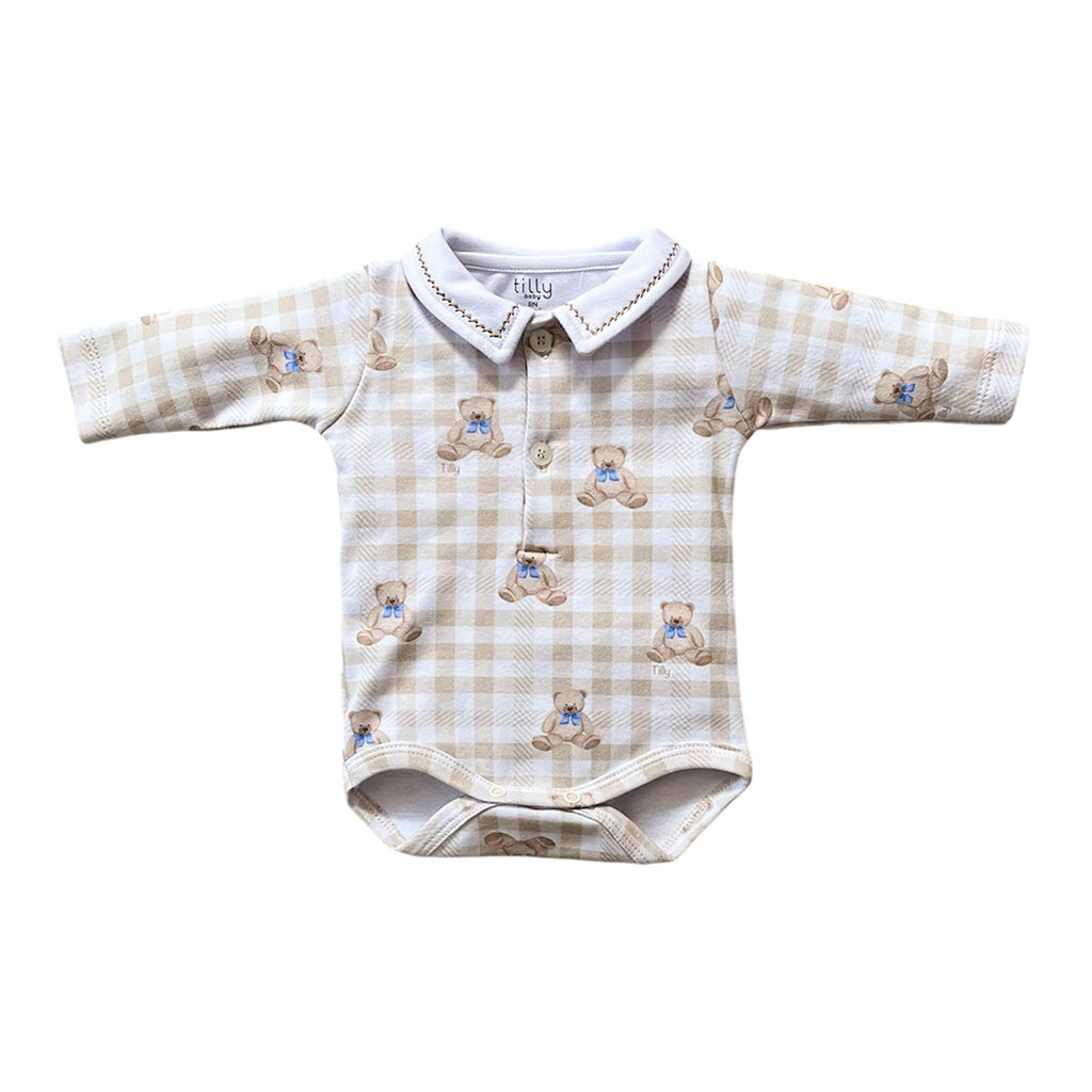 Body Manga Longa Bebê Menino Polo Urso Xadrez - Tilly Baby