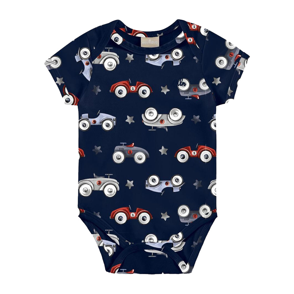 Body Manga Curta Bebê Menino Marinho Carros - Milon