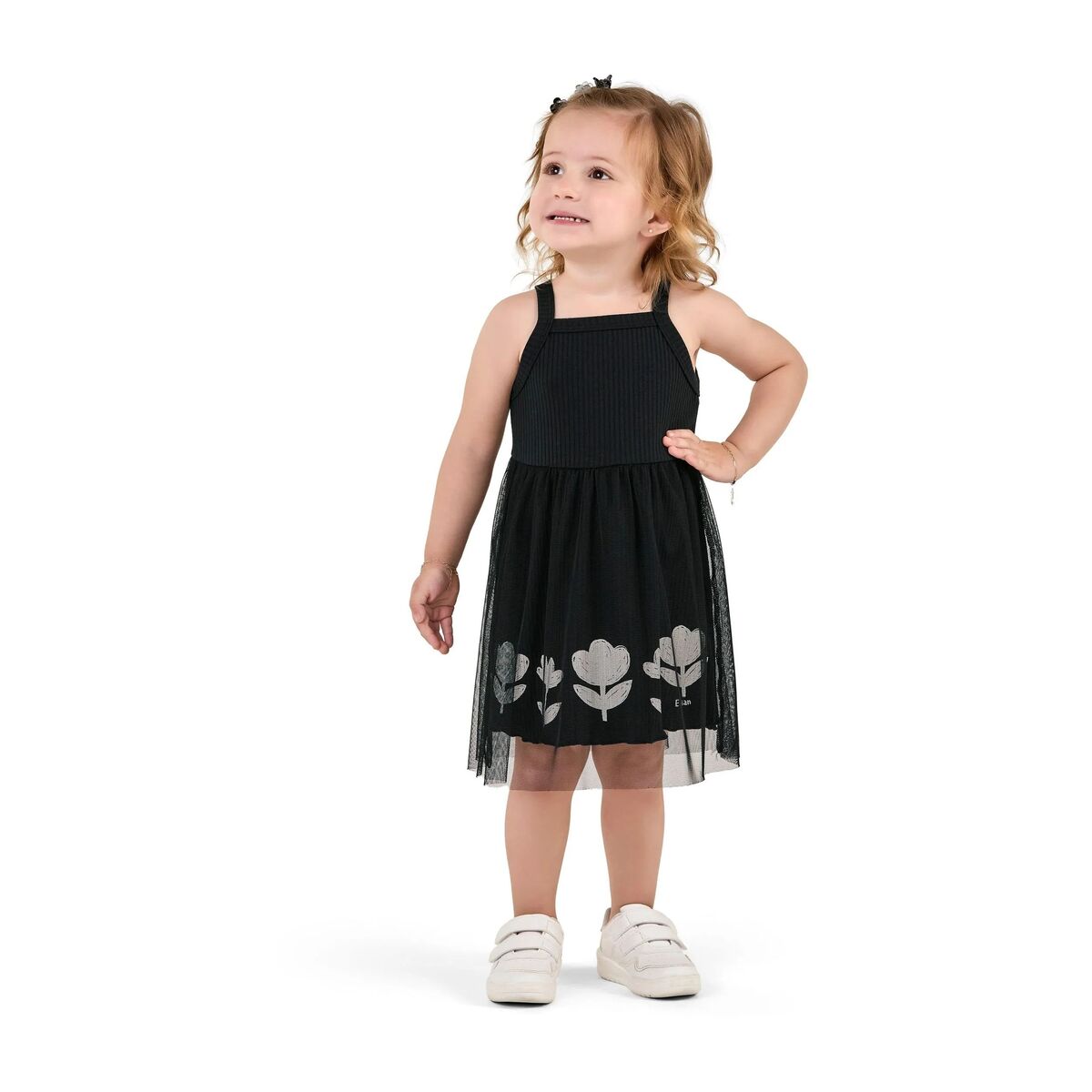 Vestido Infantil Menina Canelado Floral Com Tule - Elian
