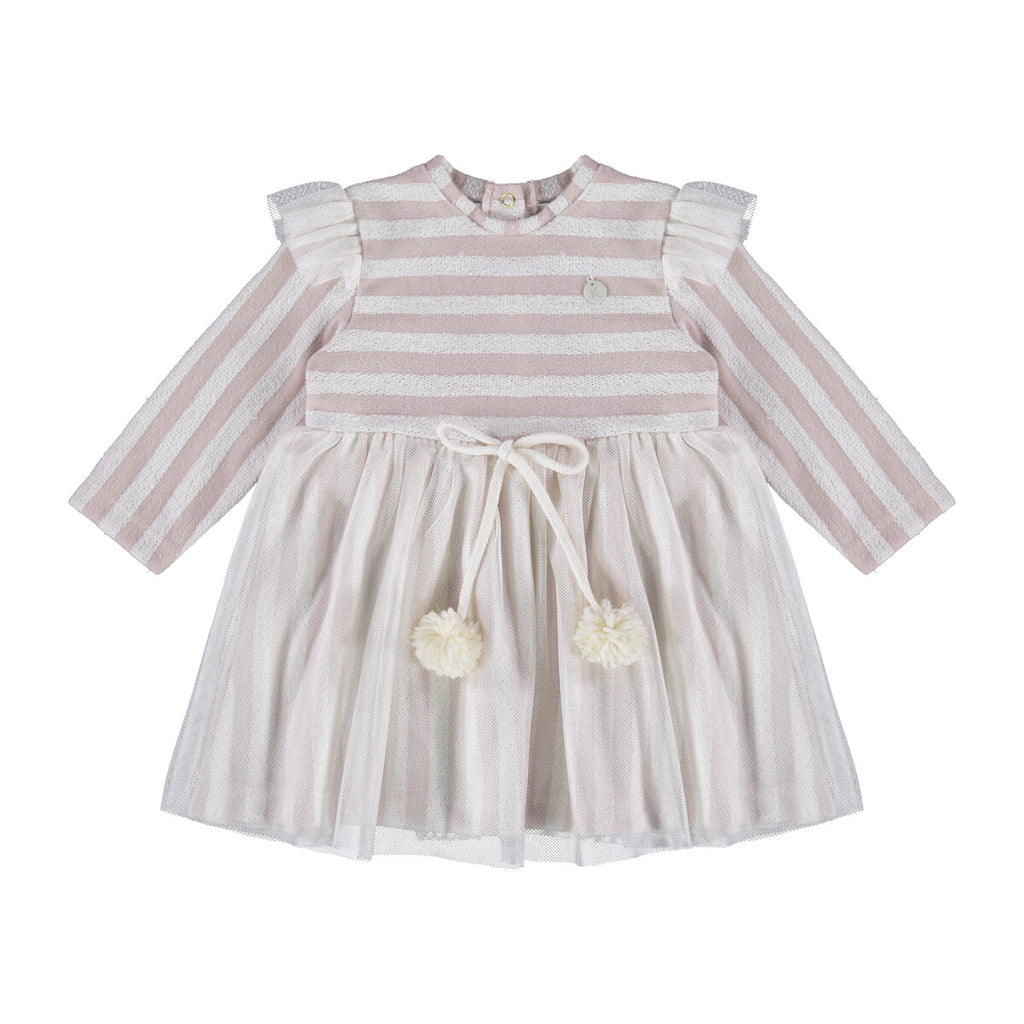Vestido Bebê Manga Longa Malha Listrada e Tule - Kiki Xodó