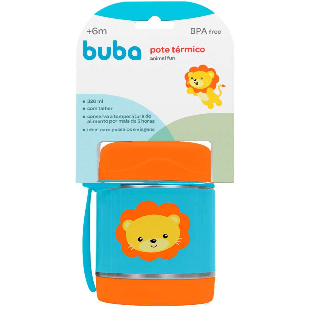 Pote Térmico Infantil Inox Com Garfo Animal Fun Leão - Buba