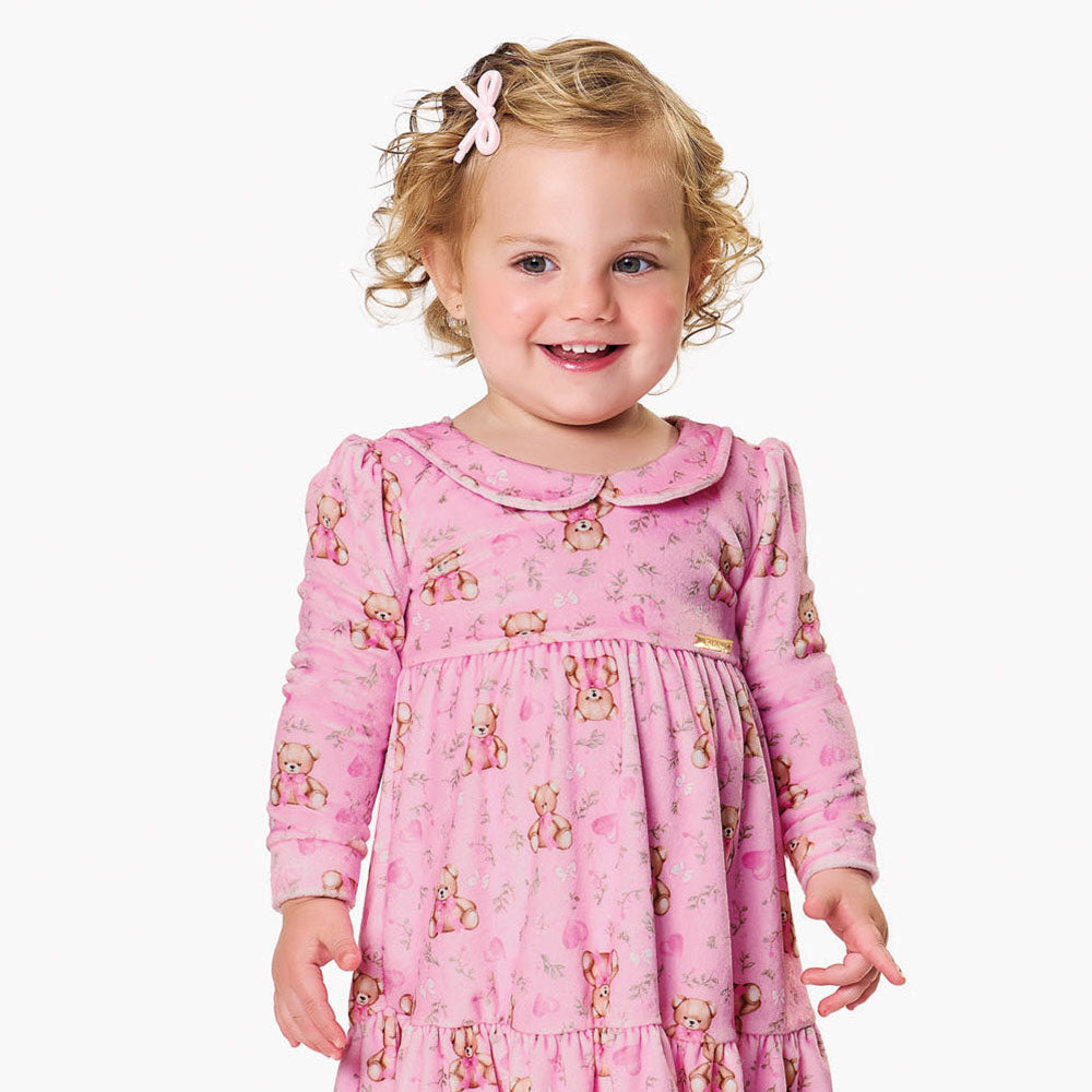 Vestido Bebê em Plush Com Gola Ursinhos - Kiko e Kika