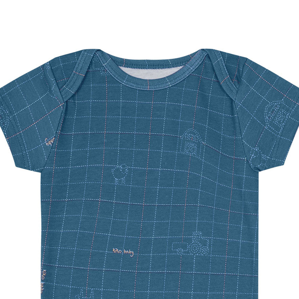 Body Manga Curta Bebê Menino Xadrez Fazendinha - Kiko Baby