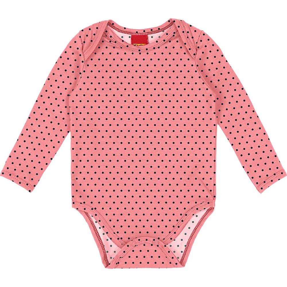 Body Manga Longa Bebê Menina em Cotton Rosa Poá - Kyly