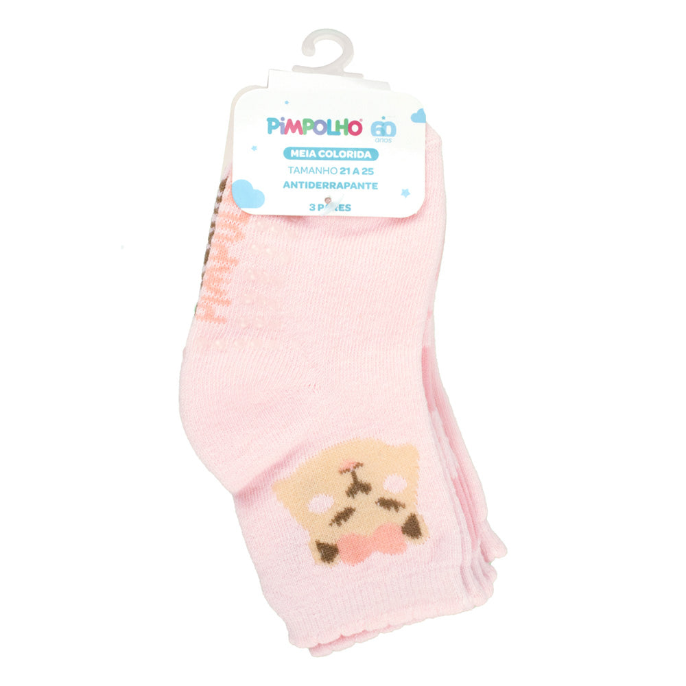 Kit 3 Pares Meia Antiderrapante Menina 21-25 Capivara - Pimpolho
