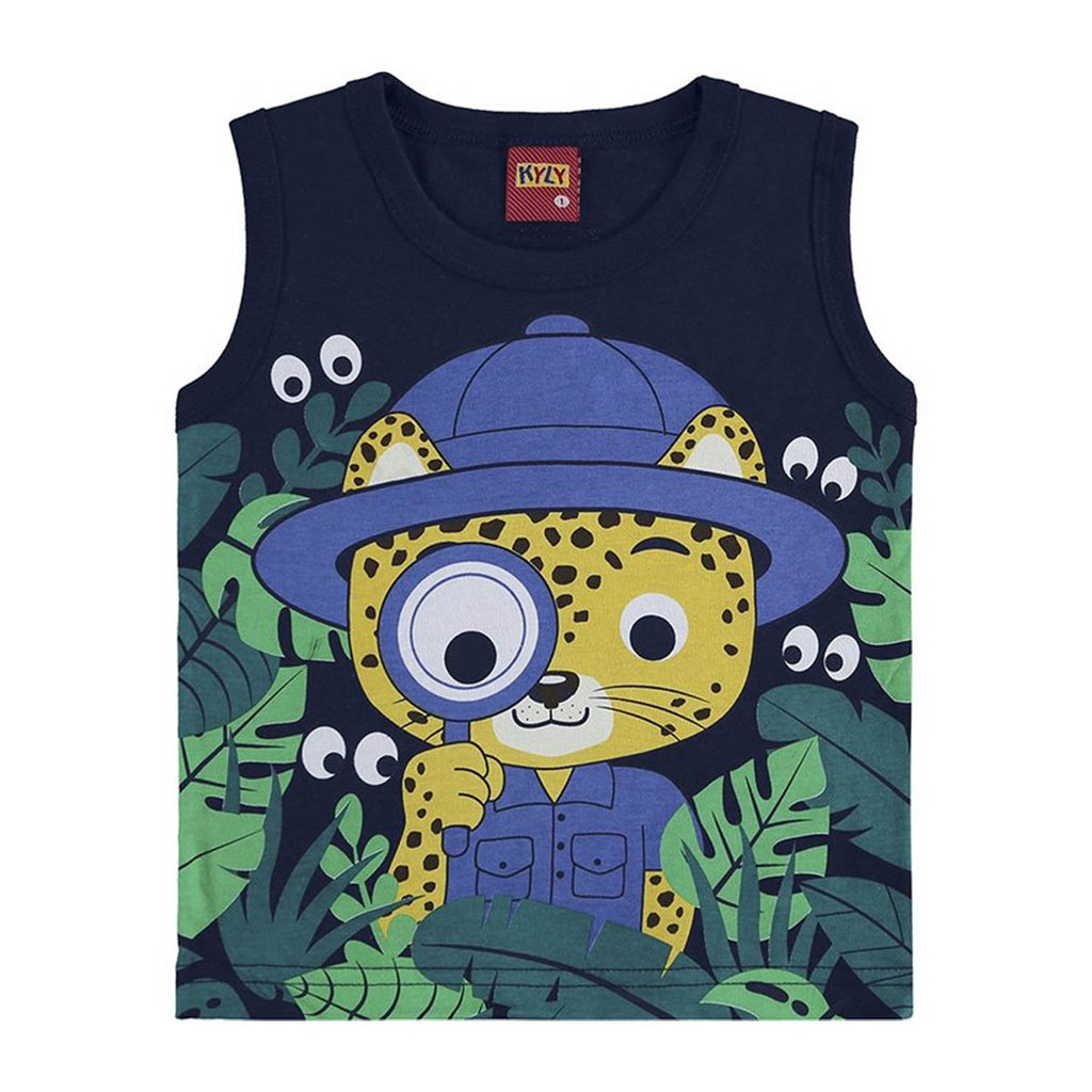 Regata Menino Estampada Tigre e Folhagens Marinho - Kyly