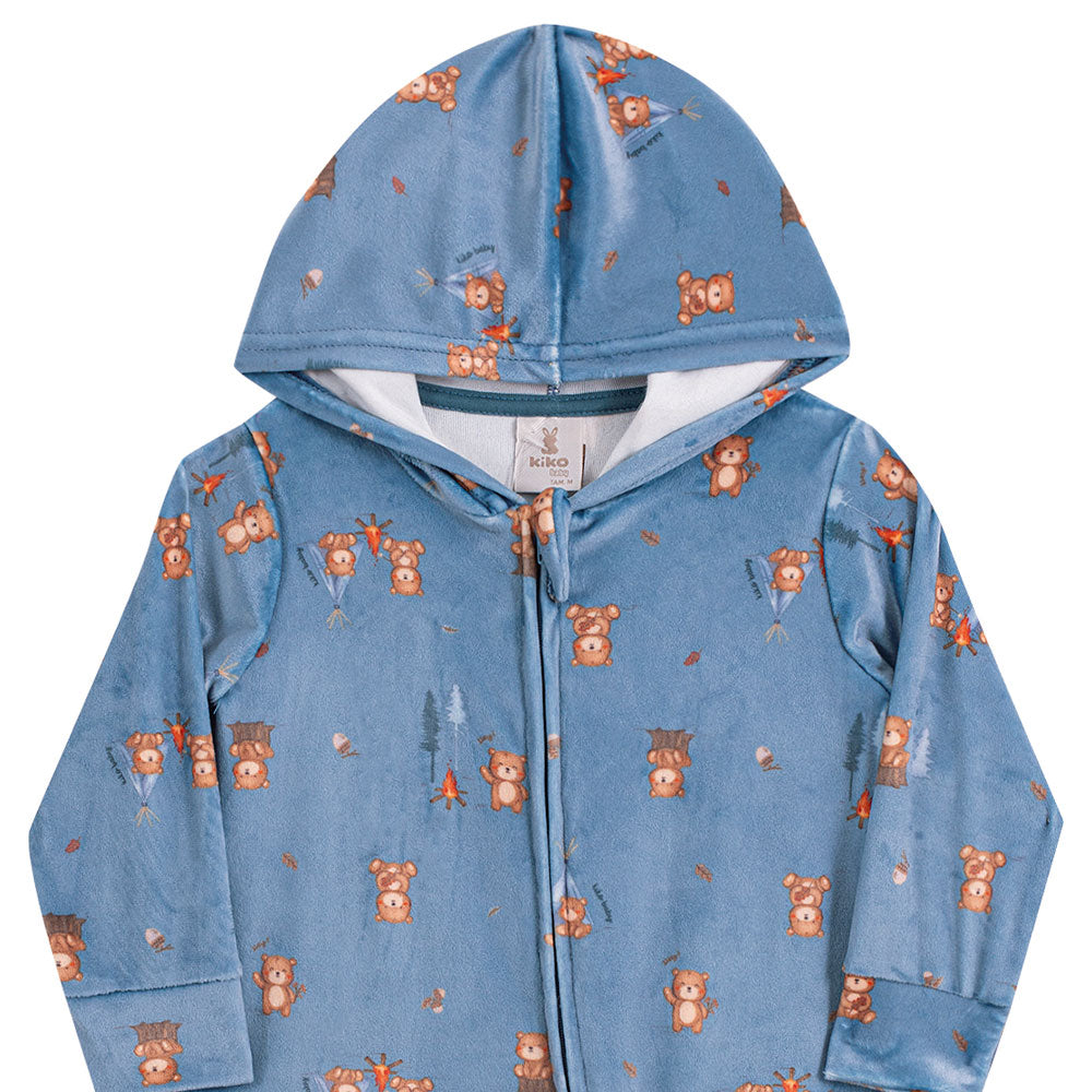 Macacão Bebê Menino em Plush Com Capuz Ursinhos - Kiko Baby