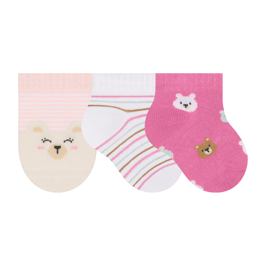 Kit 3 Pares Meia Cano Curto Bebê Menina RN Ursos - Selene