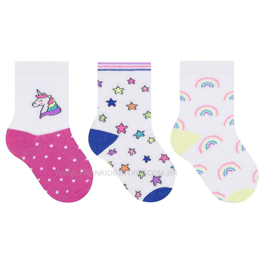 Kit 3 Pares Meia Cano Médio Bebê Menina Unicórnio - Selene