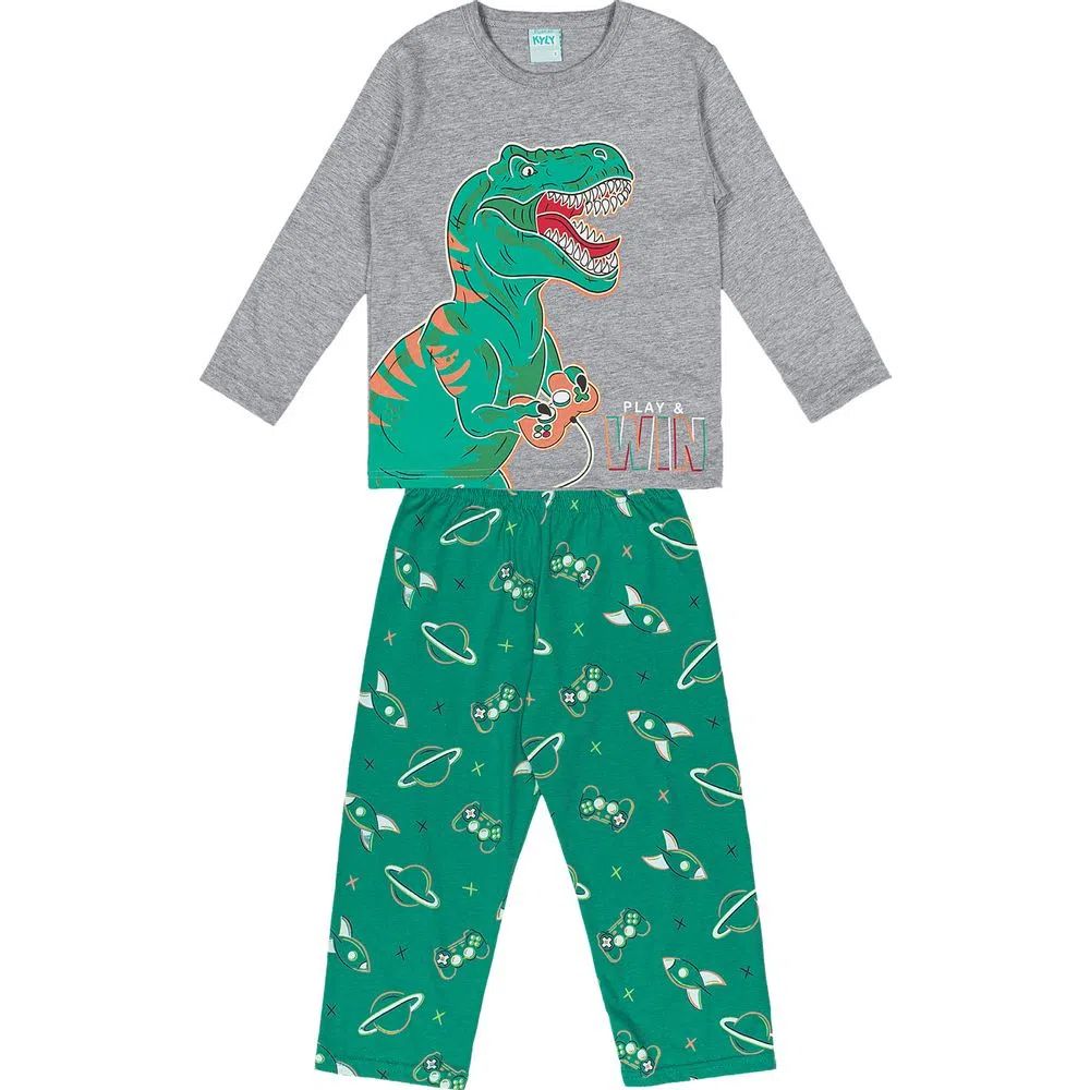 Pijama Infantil em Meia Malha Brilha no Escuro Cinza Dino - Kyly
