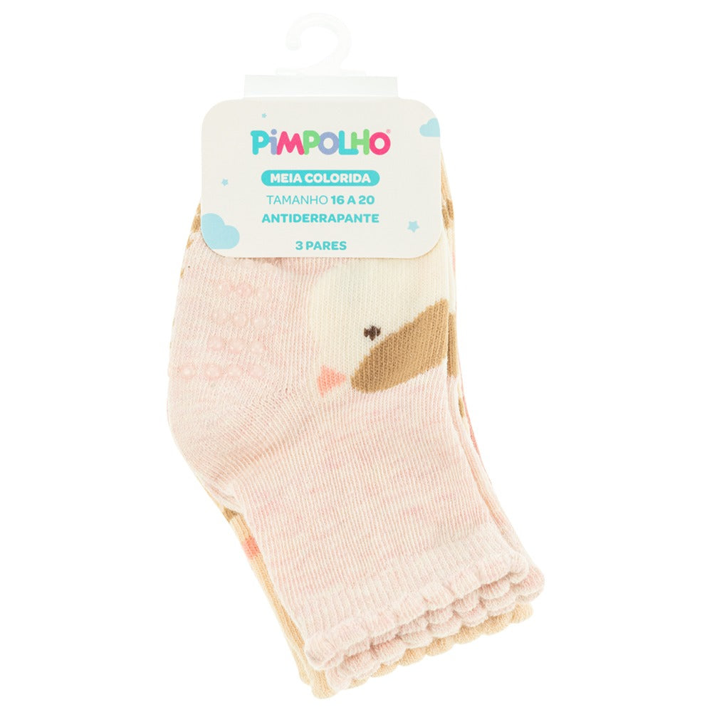 Kit 3 Pares Meia Antiderrapante Menina 16-20 Raposa - Pimpolho