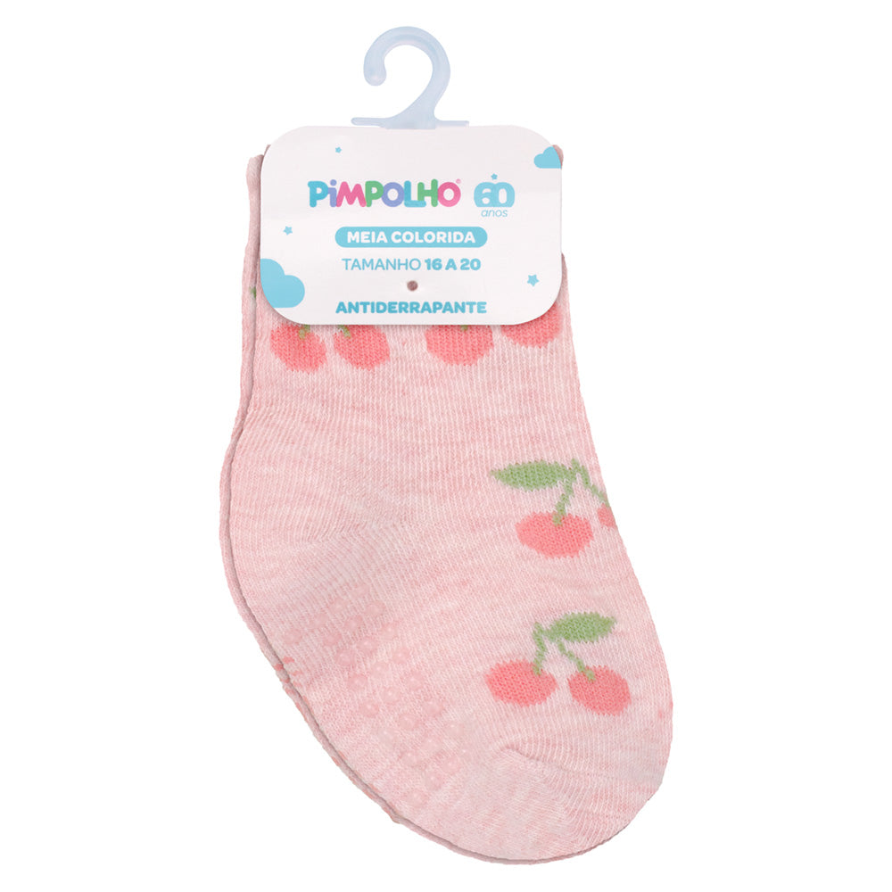 Meia Antiderrapante Bebê Menina 16-20 Cereja - Pimpolho